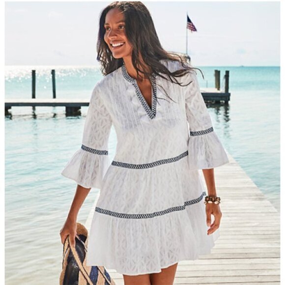 TOMMY BAHAMA Embroidered Tiered Cotton Cover-Up Dress in White Size X-Small - Picture 4 of 11
